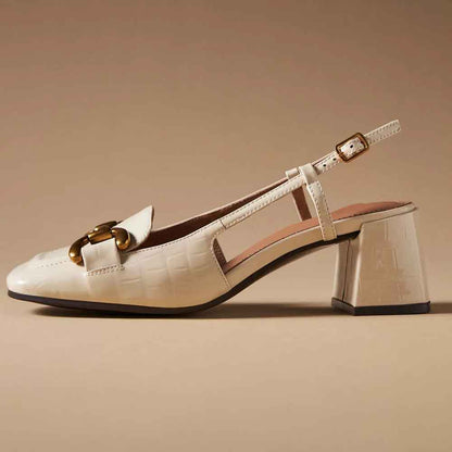 Beige Patent Leather Square Toe Chunky Heel Slingback Pumps