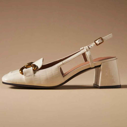 Beige Patent Leather Square Toe Chunky Heel Slingback Pumps