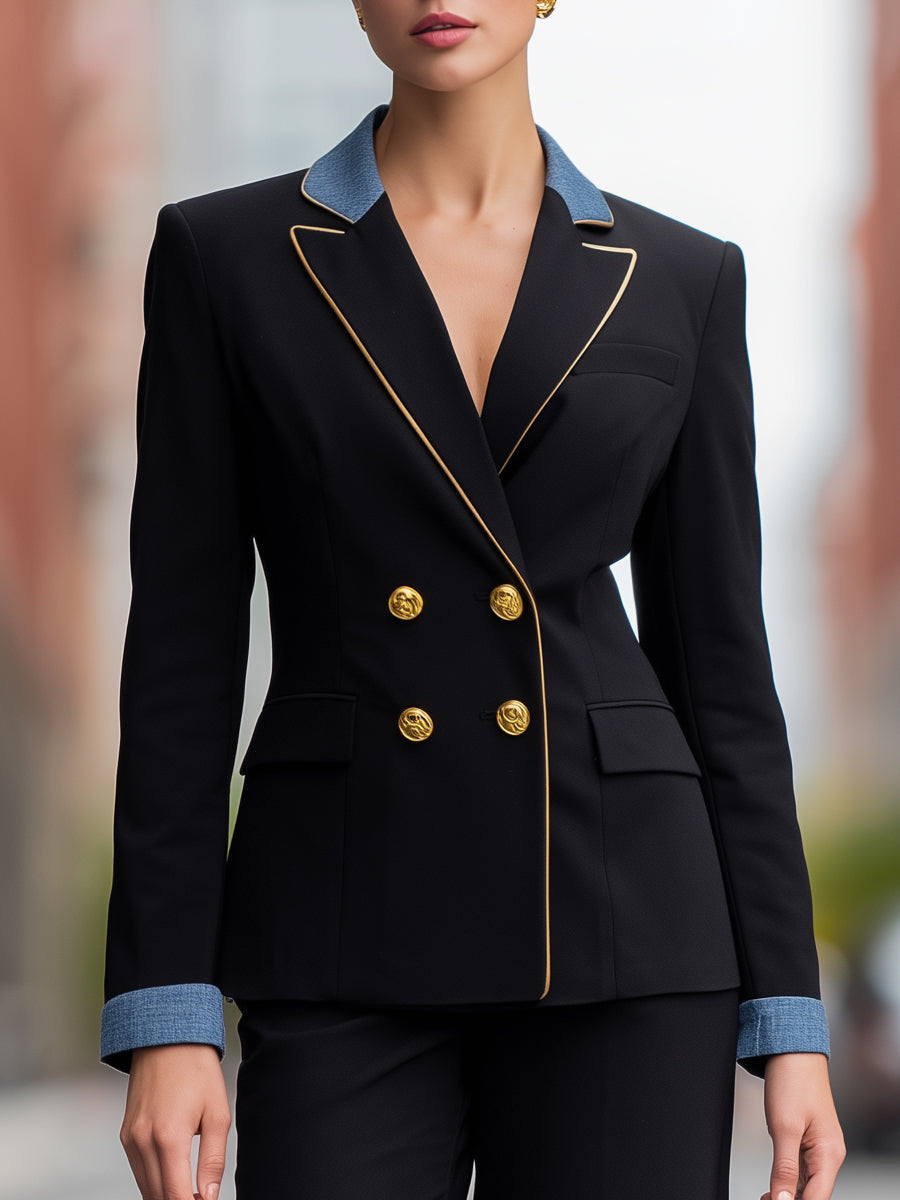 Denim Contrast Double-Breasted Blazer And Wide-Leg Trouser Set