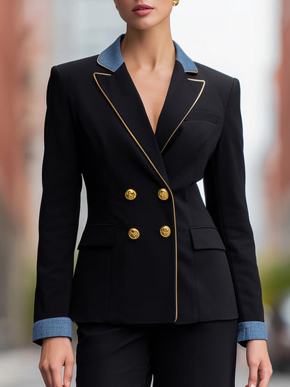 Denim Contrast Double-Breasted Blazer And Wide-Leg Trouser Set