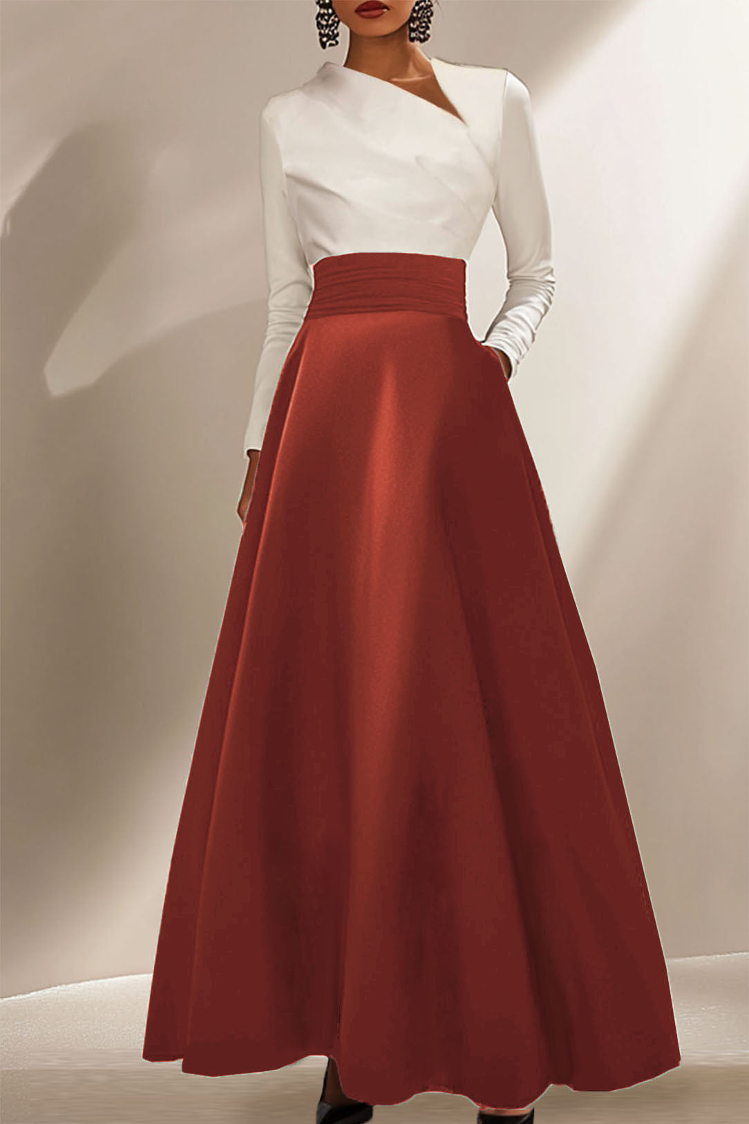Elegant Formal Dress Black White Long-Sleeve Satin Ball Gown Dress