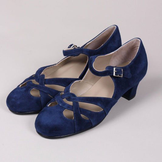 Faux Suede Round Toe Navy Blue Block Heel Pumps with Buckle