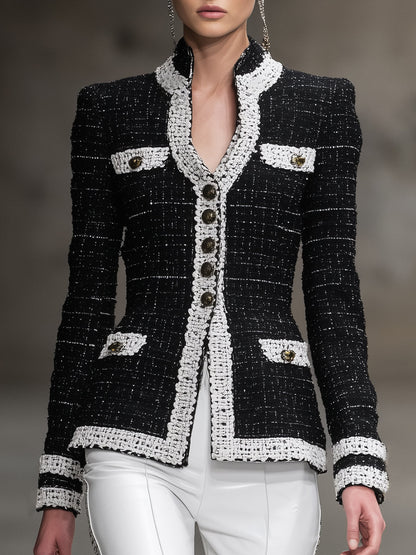 Fashionable Black Tweed Patchwork Ribbon Jacket