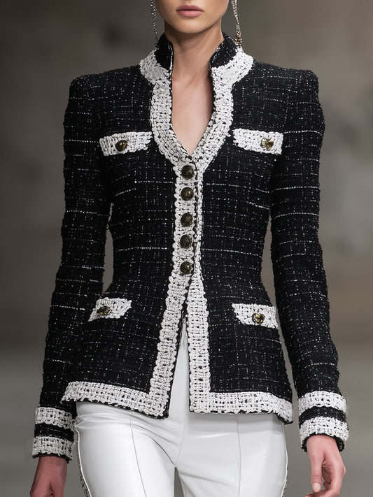 Fashionable Black Tweed Patchwork Ribbon Jacket