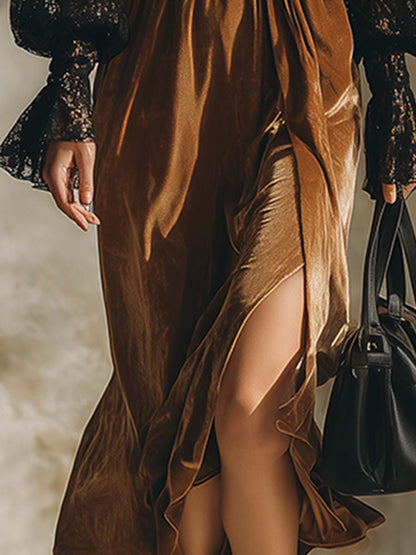 Elegant Retro Contrast Lace Sleeve Caramel Velvet Maxi Dress