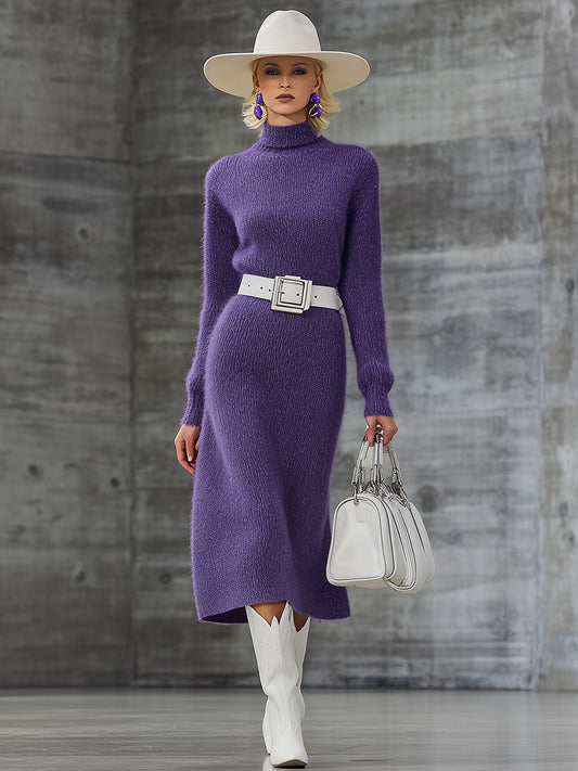Fashionable Long-Sleeved Knitted Purple Midi Dress
