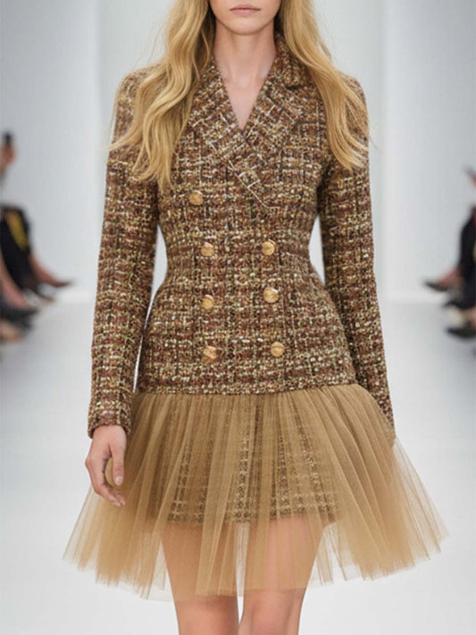 Elegant Retro Double-breasted Mesh And Tweed Mini Dress
