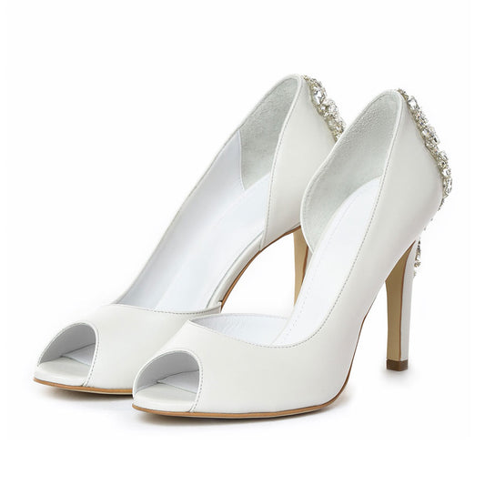 Elegant White Vegan Leather Peep Toe Rhinestone Decor Wedding Heels