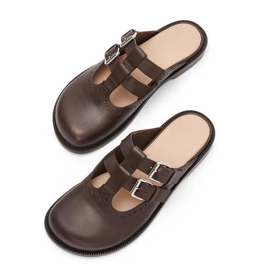 Dark Brown Vegan Leather Buckle Fastening Strap Mary Jane Mules