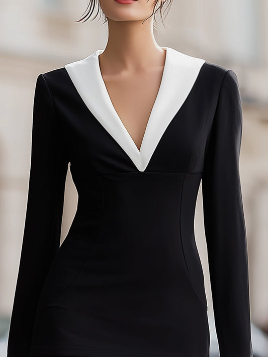 Elegant Black And White Contrast Mini Dress With Pleated Hem