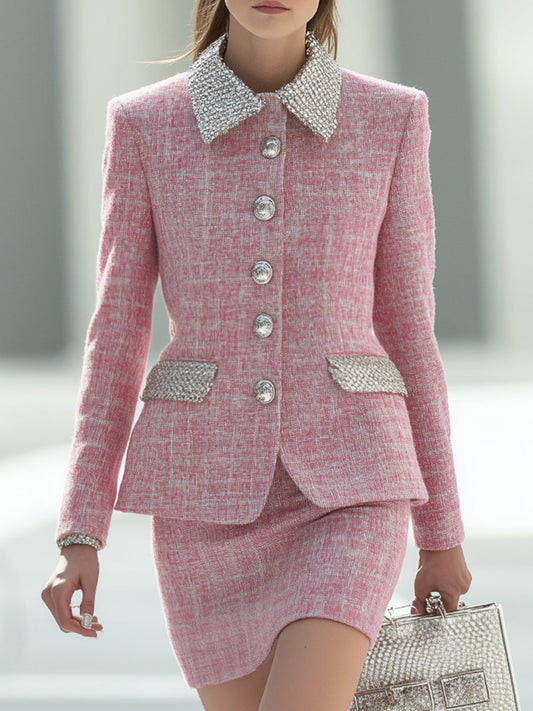 Elegant And Exquisite Silver Collar Pink Tweed Jacket And Skirt Set
