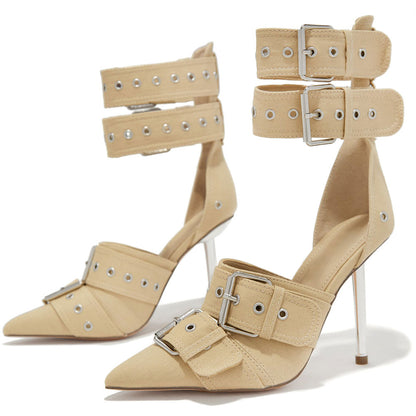 Beige Pointy Toe 4'' Metallic Heel Buckle Studded Strappy Pumps