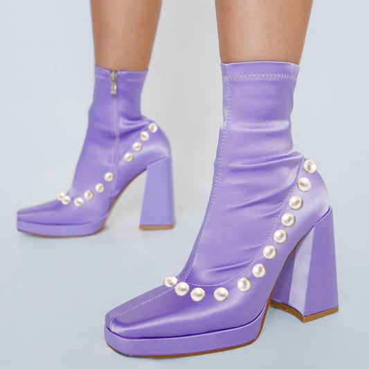 Elegant Purple Square Toe Pearl Decorated Platform Sock Booties