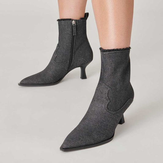 Denim Black Pointed Side-Zip Ankle Boots for Women