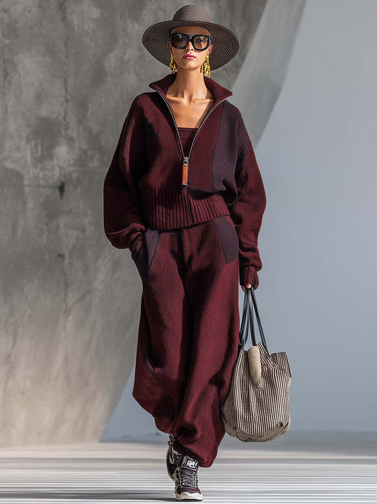 Exquisite Casual And Comfortable Maroon Knitted Lapel Front Zipper Sweatshirt And Pants Set