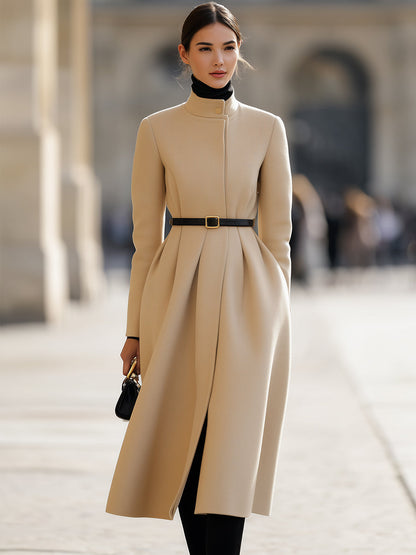 Elegant Beige Belted Midi Coat