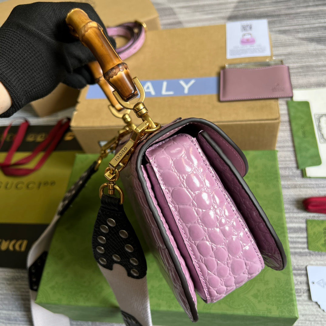 gg Bamboo 1947 Crocodile Top Handle Bag Pink For Women, Women&#8217;s Bags 10.2in/26cm gg