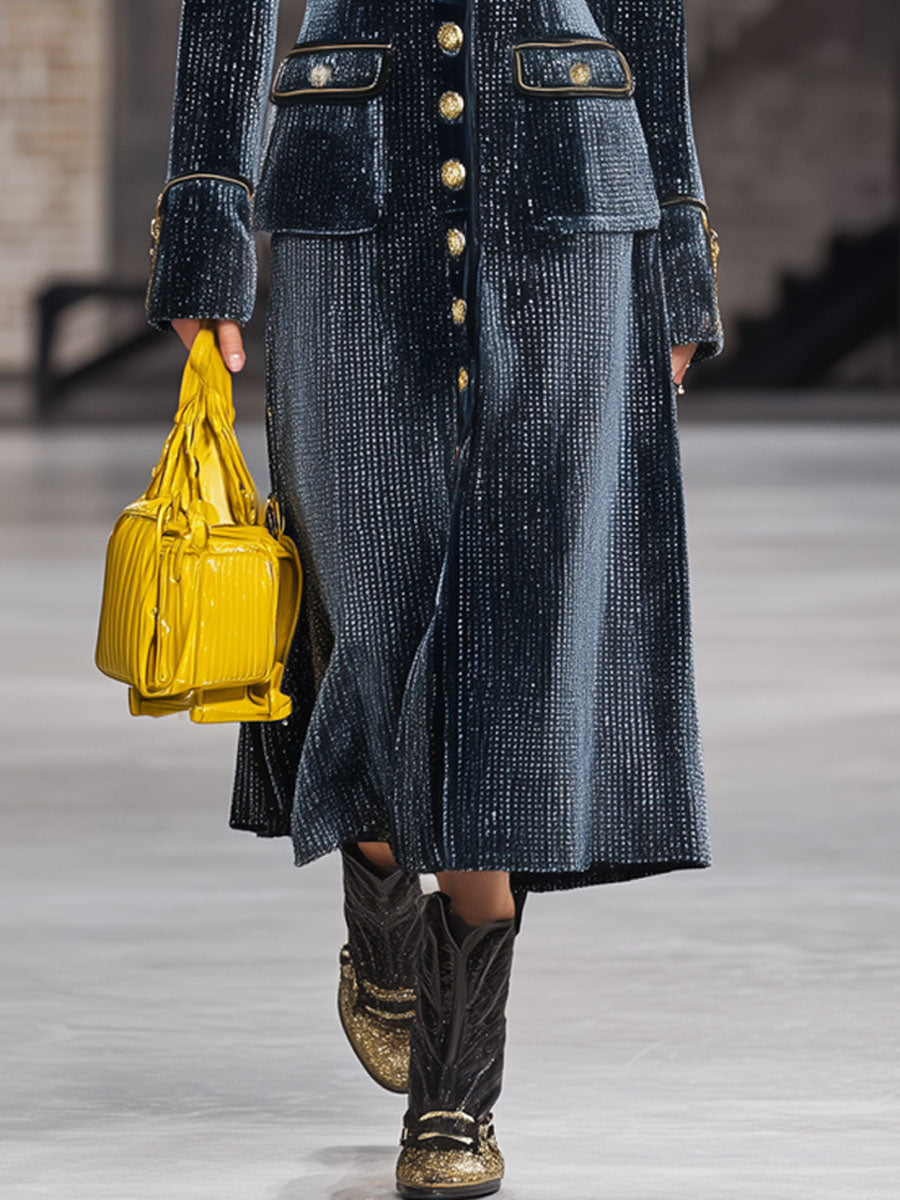 Fashion Retro Gold-Trimmed Shiny Navy Blue Velvet Long Coat