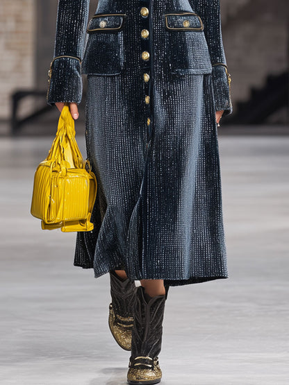 Fashion Retro Gold-Trimmed Shiny Navy Blue Velvet Long Coat
