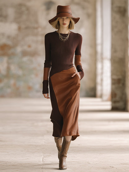 Elegant And Fashionable Brown Knitted Patchwork Leather Long-sleeved Maxi Dress