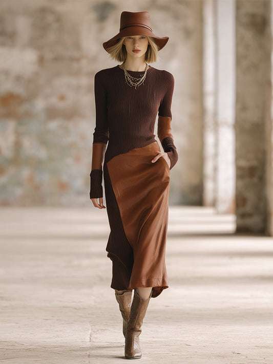 Elegant And Fashionable Brown Knitted Patchwork Leather Long-sleeved Maxi Dress