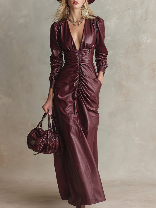 Elegant Burgundy Red Faux Leather Pleated Waist Long Sleeve Maxi Dress