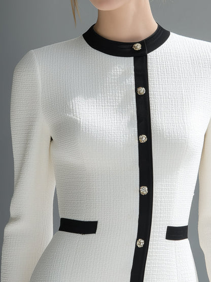 Elegant High-end Black Hem Round Neck White Long Sleeve Tweed Mini Dress