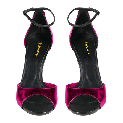 Fuchsia Metallic Ankle Strap Open Round Toe Stiletto Heeled Sandals