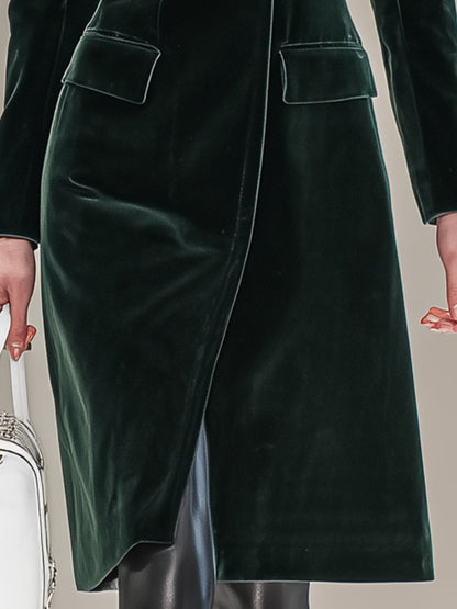Dark Green Velvet Button-down Mid-length Coat