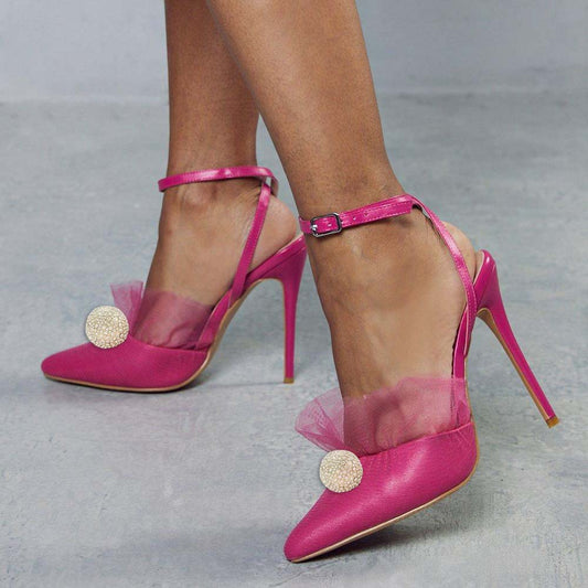 Fuchsia Pointed Toe Stiletto Heel Ankle Strap Slingback Pumps