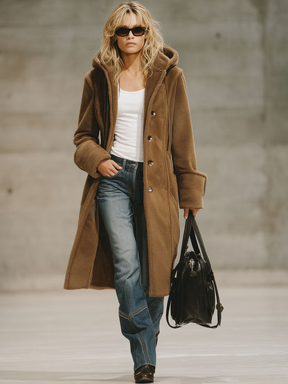 Double-pocket Single-breasted Polar Fleece Hooded Coat