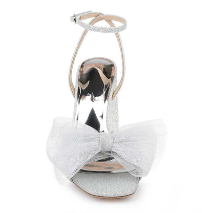 Fabric Sophisticated Mesh Bow Inlay Ankle Strap Silver Sandals