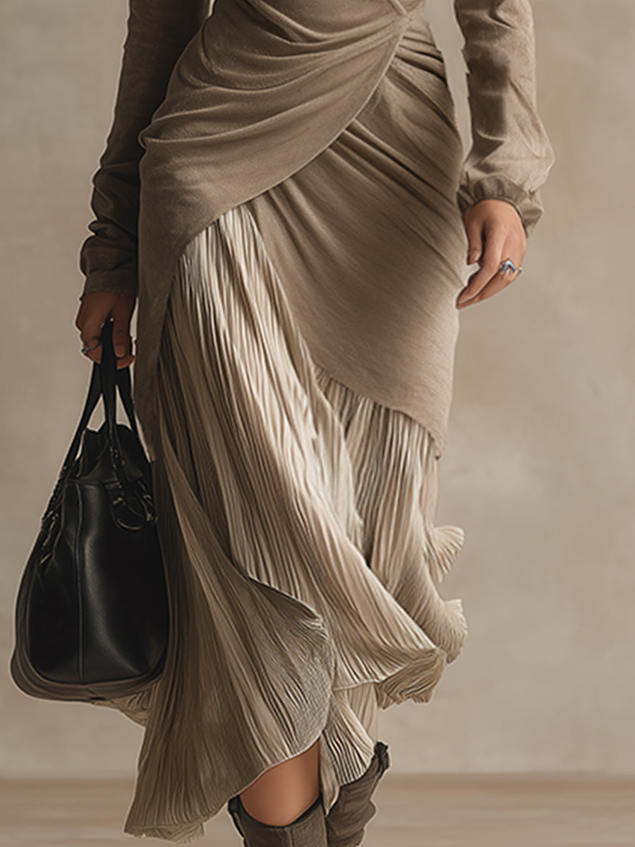Elegant And Exquisite Deconstructed Pleated Hem Khaki Long-sleeved Maxi Dress