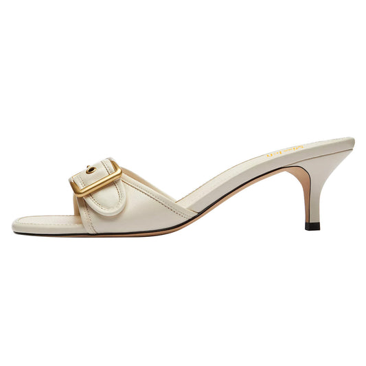 Elegant Ivory Square Toe Mid Kitten Heel Women's Mules Shoes
