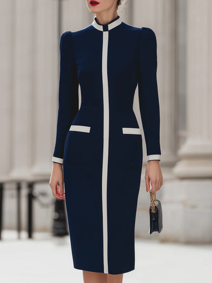 Elegant Navy Contrast-Trim Midi Dress With Structured Silhouette