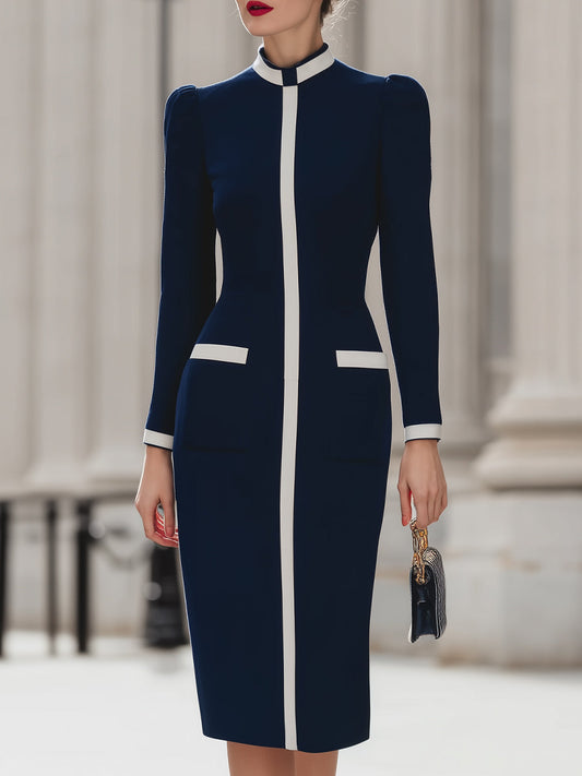 Elegant Navy Contrast-Trim Midi Dress With Structured Silhouette