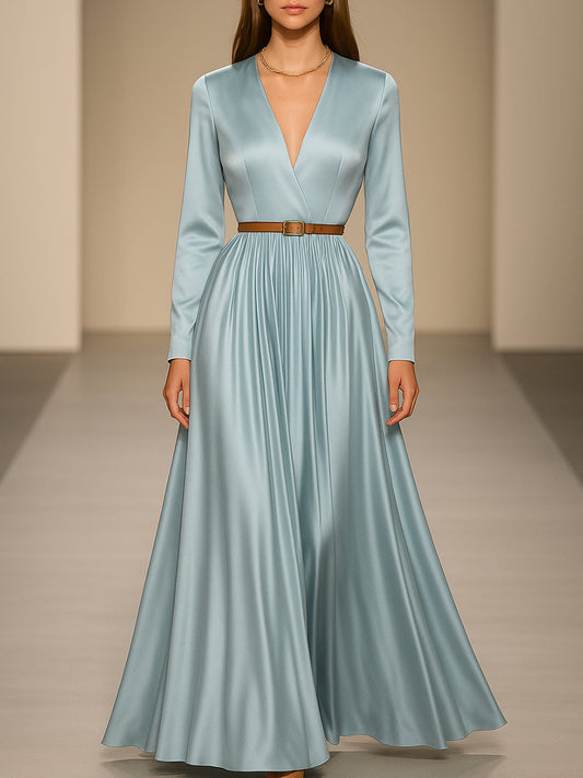 Elegant And Fashionable V-neck Light Blue Satin Maxi Dress