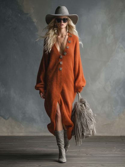 Elegant Lazy Warm Orange V-neck Wool Knitted Maxi Dress