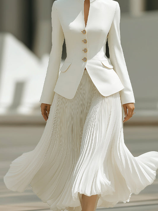 Elegant Pleated Skirt & Tailored Jacket Set(Jacket And Skirt Only)