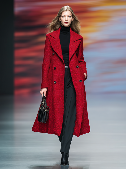 Elegant Vintage Double-breasted Long Tweed Coat