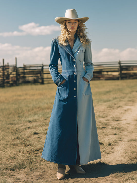Fashionable Dark And Light Blue Colorblock Denim Long Trench Coat