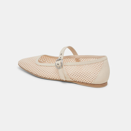 Beige Fishnet Square Toe Flat Buckle Strap Mary Jane Shoes for Women