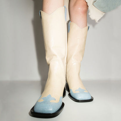Beige & Blue Square Toe Chunky Heel Knee High Winter Boots