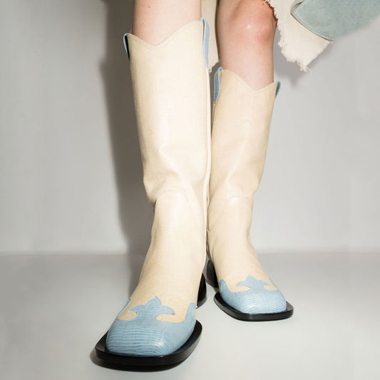 Beige & Blue Square Toe Chunky Heel Knee High Winter Boots