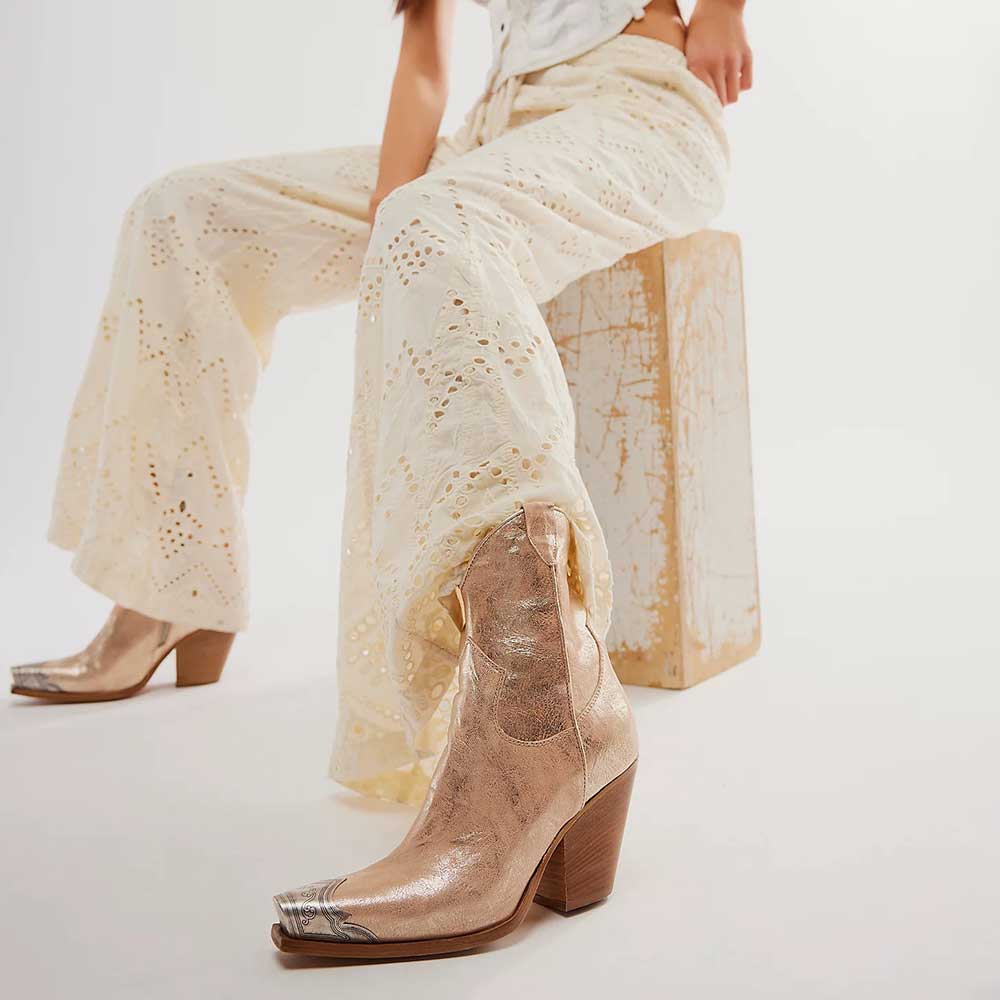 Dull Gold Distressed Metal Snip Toe Side-Zip Cowgirl Ankle Boots