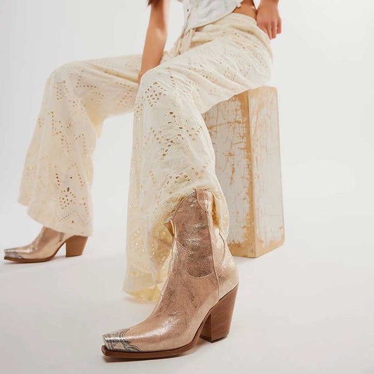 Dull Gold Distressed Metal Snip Toe Side-Zip Cowgirl Ankle Boots