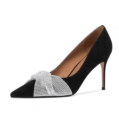 Elegant Black Vegan Suede Rhinestone Twist Strap Decor Pumps Heels