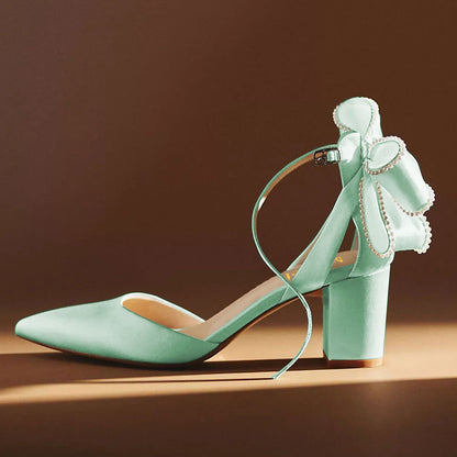 Elegant Green Satin Pearls Bows Pointed Toe Pumps Heels with Buckle