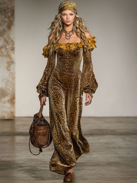 Fashion Retro Off-the-shoulder Ruffled Leopard Velvet Long-sleeved Maxi Dress
