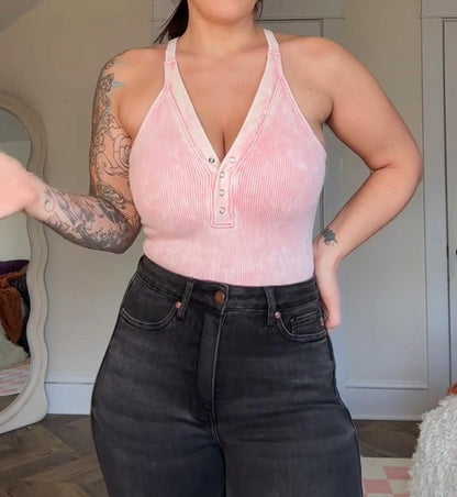 Washed Ribbed Henley Button Cropped Tank Top